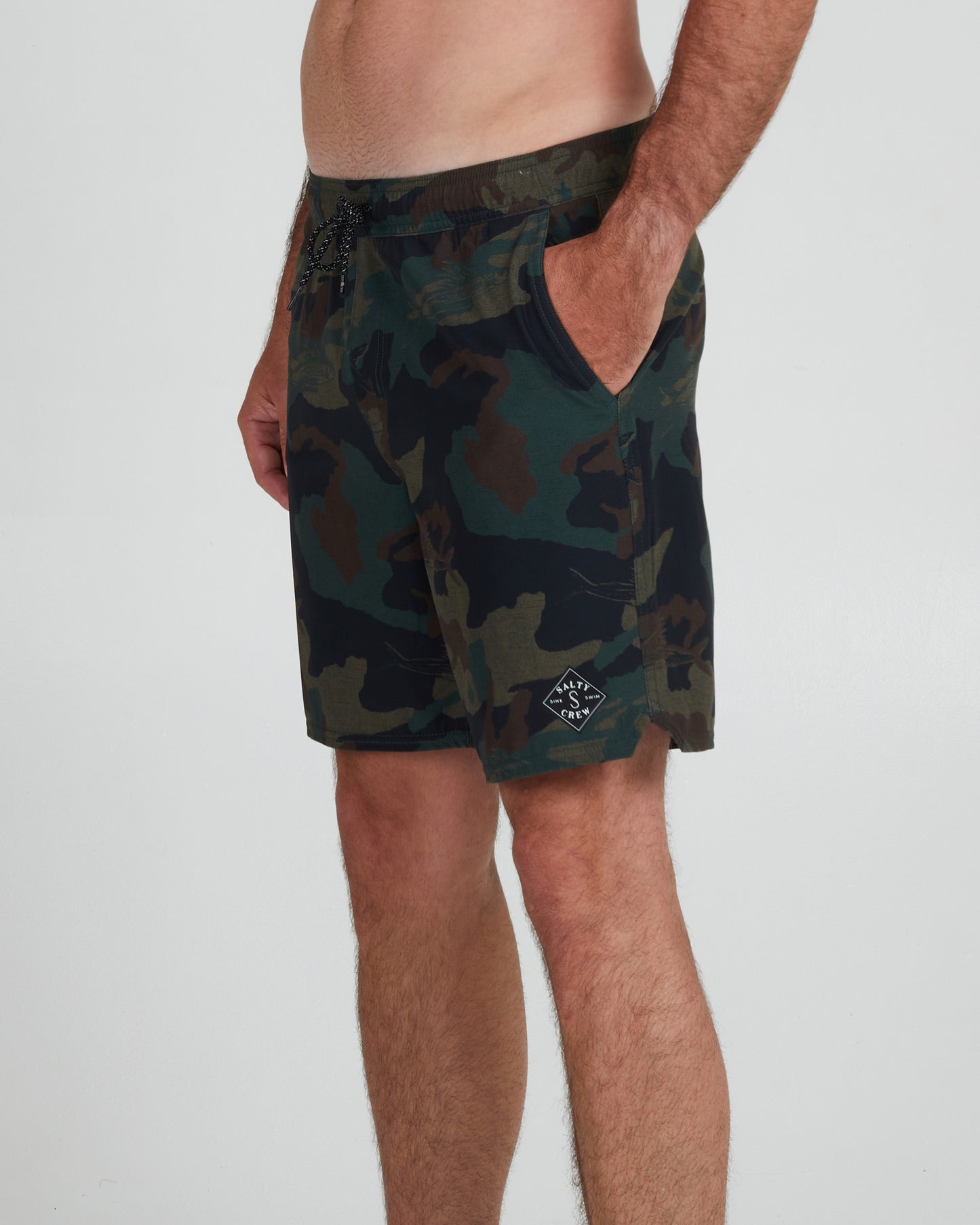 On body front angle of the Lowtide Camo Elastic Boardshort