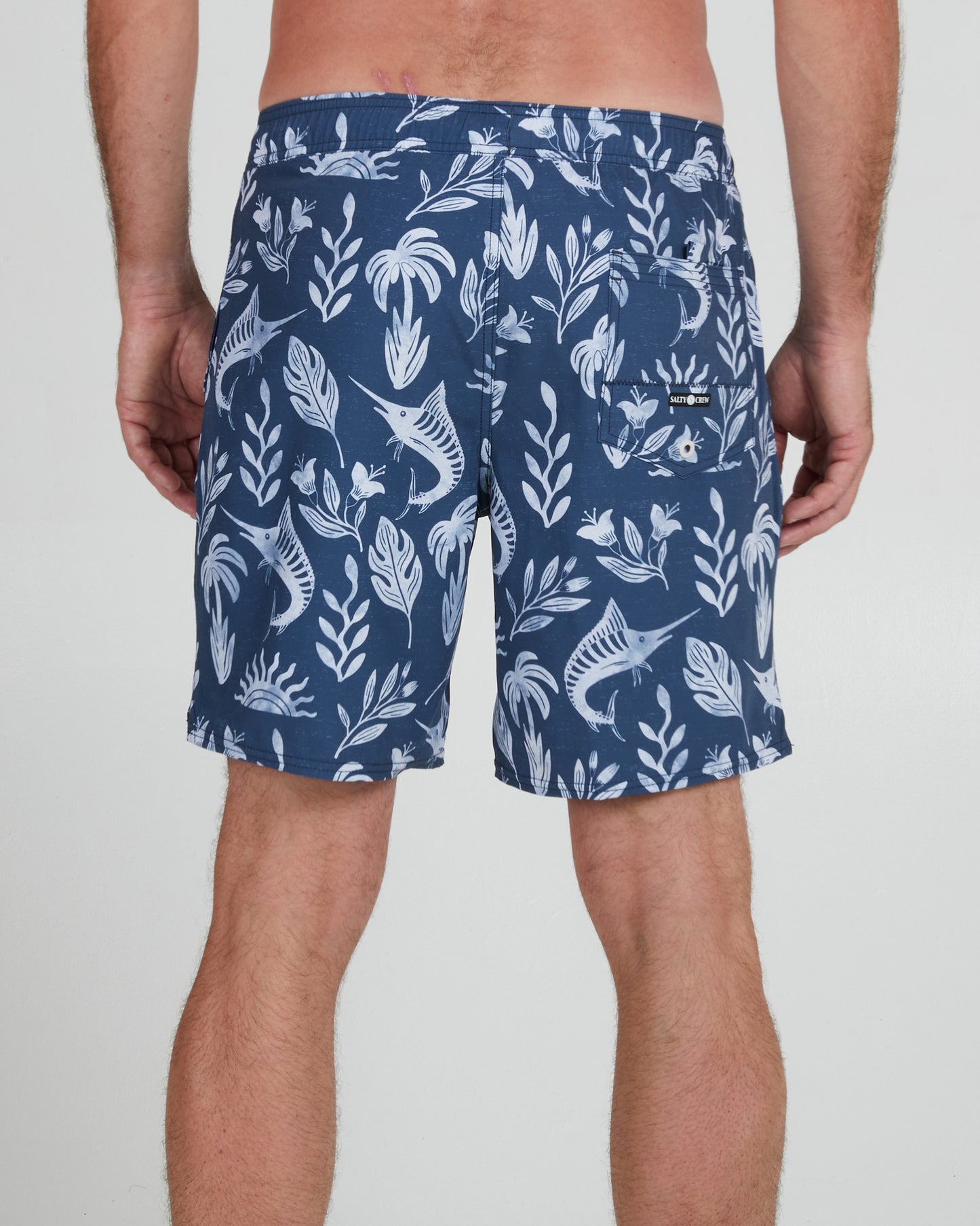 On body back of the Lowtide Denim/White Elastic Boardshort