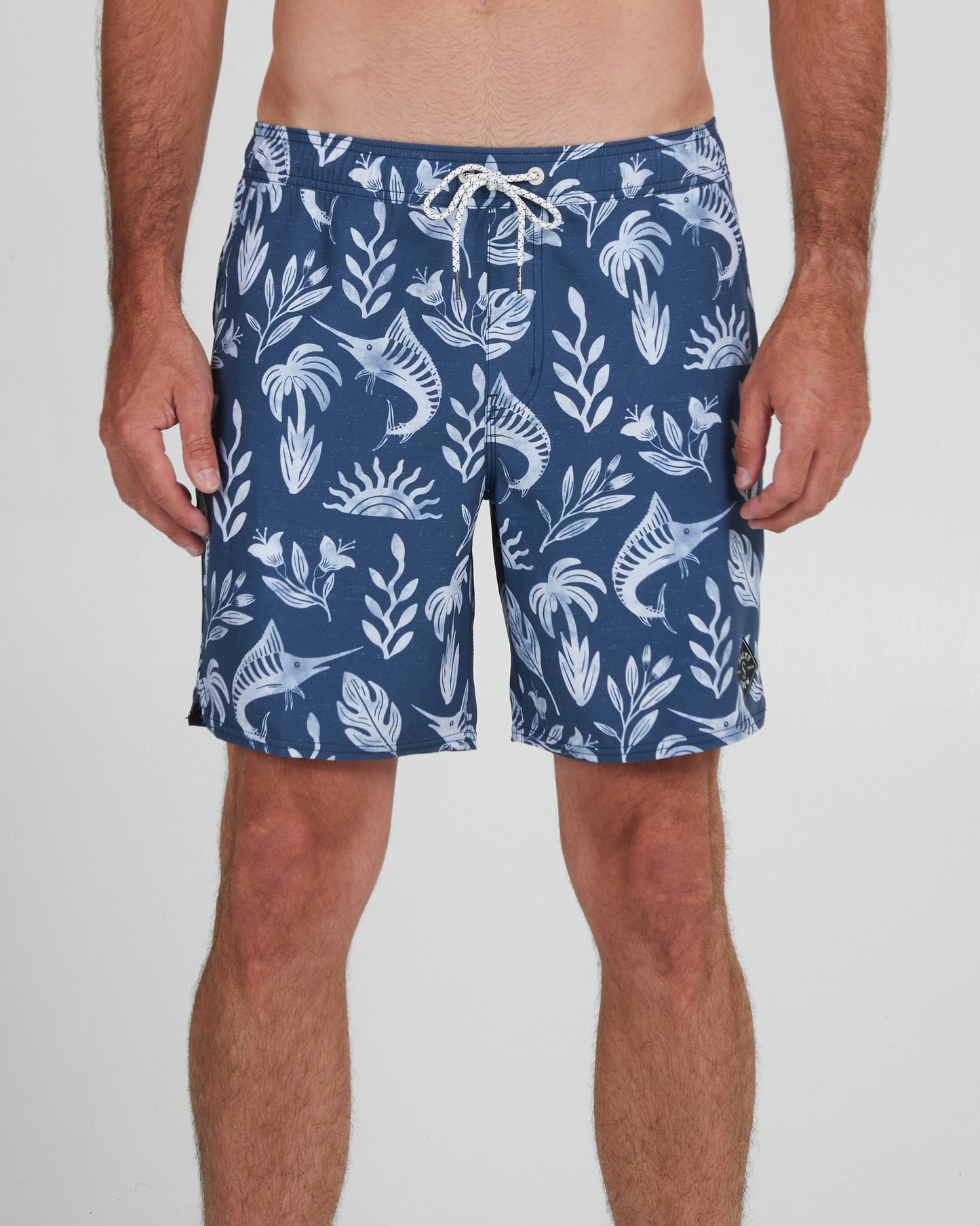 On body front of the Lowtide Denim/White Elastic Boardshort