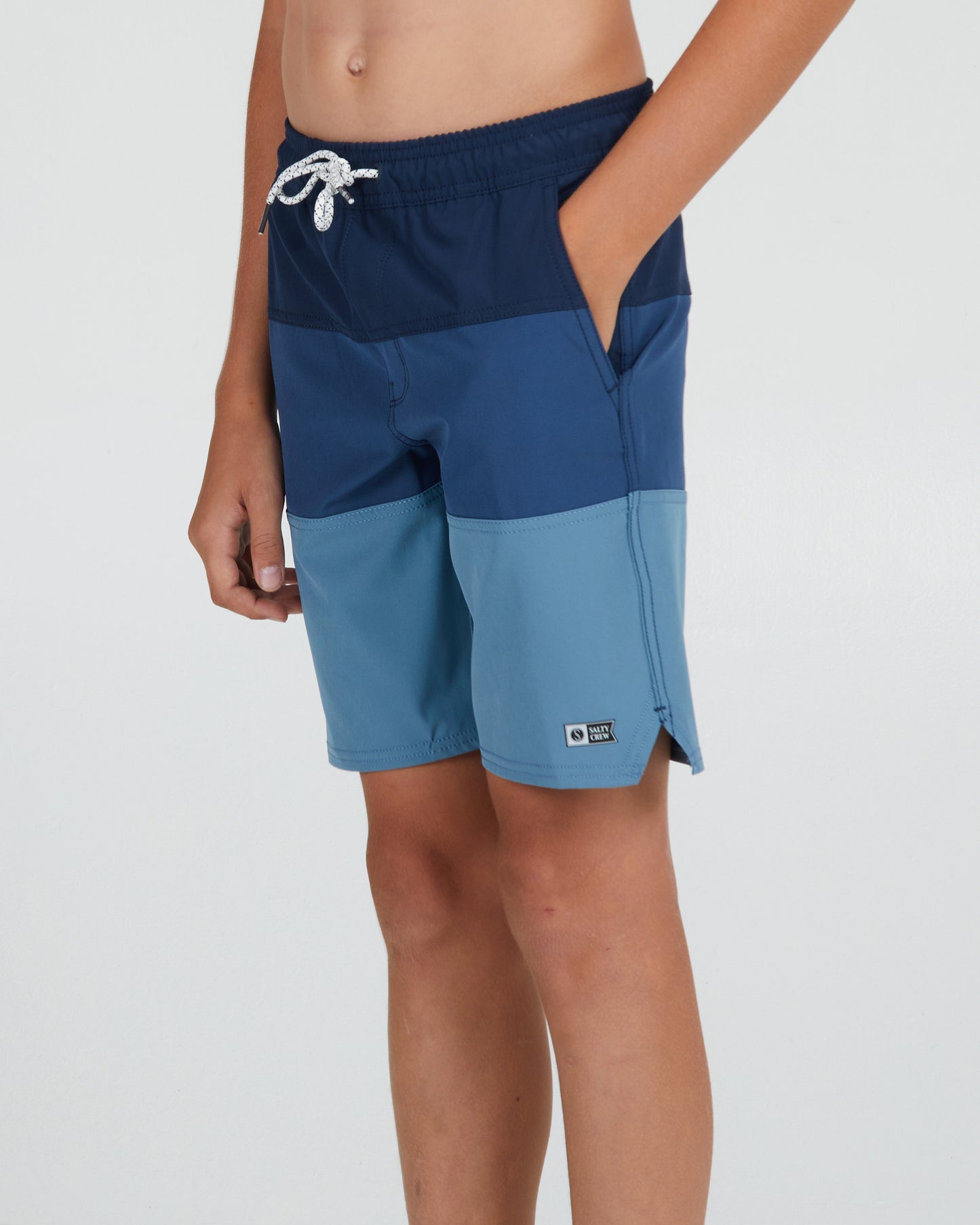 front angled Beacons 2 Boys Blue Elastic Boardshort