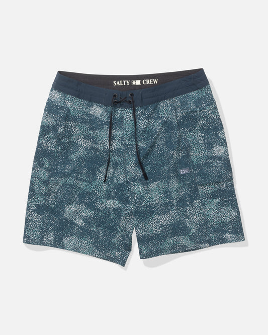 The Salty Crew Flagship 20" Boatshort - Oceanic features a blue and teal abstract dot pattern, quick-dry fabric, drawstring waistband, and “SALTY CREW” print inside for stylish all-day comfort.
