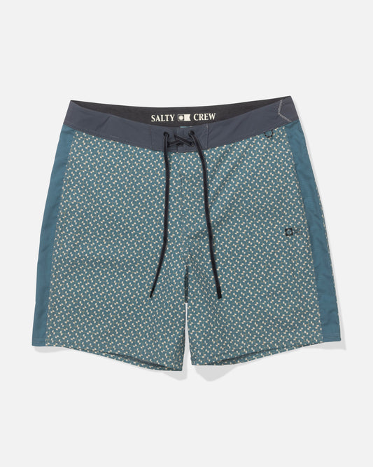 The Salty Crew Channel 18" Apex Boardshort in Oceanic features a teal color with a white fish pattern, black drawstring, dark waistband, and quick-dry performance fabric for comfort in and out of the water.