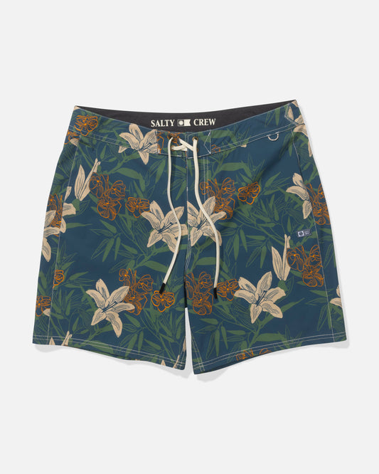 The Salty Crew Channel 18" Boardshort in Cast Blue features a drawstring waist, tropical floral print with beige and orange flowers, quick-dry 4-way stretch fabric, and "SALTY CREW" text on the inside waistband.