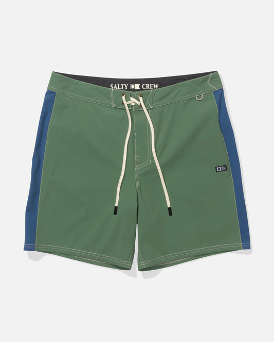 The Salty Crew Channel 18" Boardshort in mid green features quick-dry fabric, a drawstring waist, white stitching, color-block design, small logo patch on the left leg, and a zipper pocket. Shown laid flat on a white background.