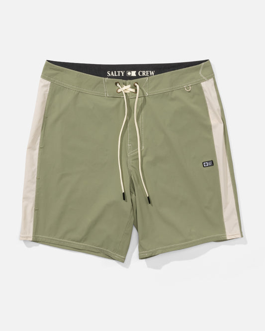Front view of the Channel Boardshort - Oil Green.
