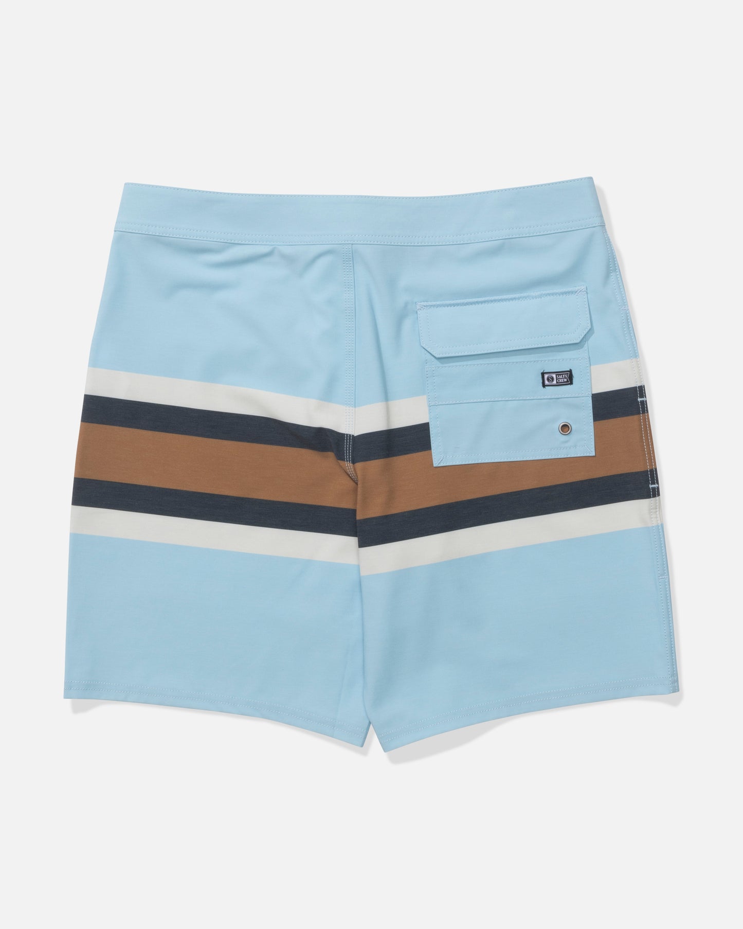 The Salty Crew Crew 19" Stripe Boardshort in Clear Sky features light blue comfort fabric with 4-way stretch, horizontal brown, white, and dark blue stripes on the back, plus a right-side rectangular flap pocket with a button closure.