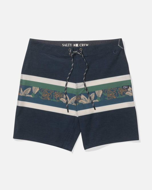 The Salty Crew Crew 19" Stripe Boardshort in Cast Blue features white and green horizontal stripes, a tropical floral pattern, 4-way stretch comfort fabric, drawstring waistband, and Salty Crew branding inside.