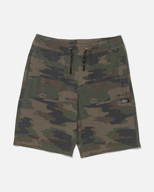 Introducing the Salty Crew Crew 16″ Boys Volley - Ranger shorts: a pair of green, brown, and black camouflage pattern shorts made from recycled polyester, featuring a 4-way stretch for superior comfort and movement. These shorts are designed with an elastic waistband, a black drawstring, and a small rectangular Salty Crew logo patch on the left leg.