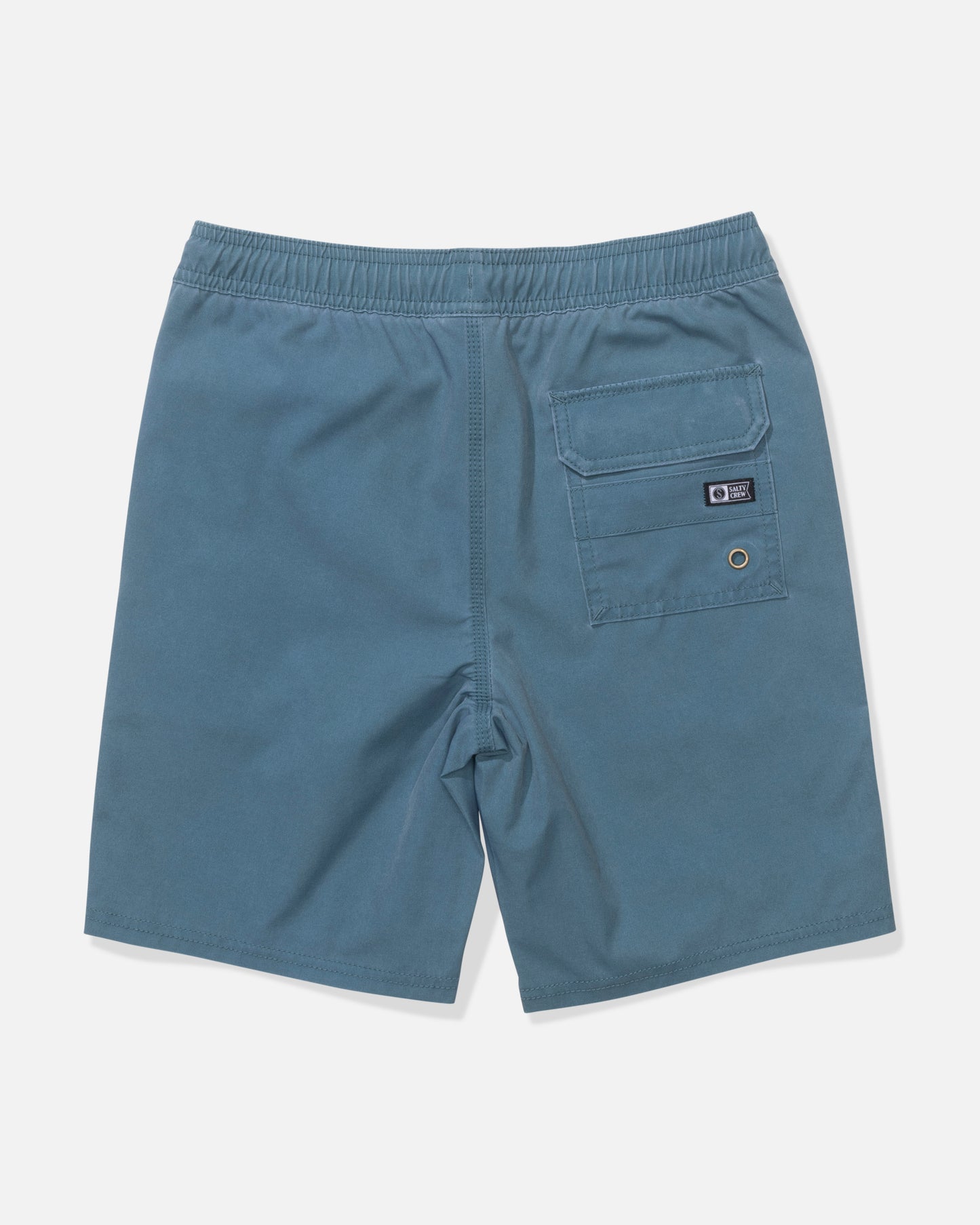 Salty Crew Seadog 16" Boys Volley - Hydro swim trunks in blue with an elastic waistband, straight leg, single right back pocket with flap and button, and a small rectangular label above the pocket; shown flat from the back.