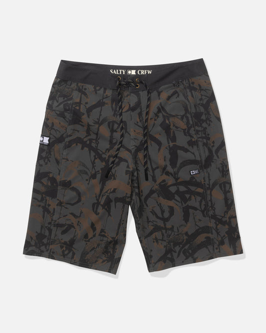 The Salty Crew Flagship 22" Boardshort in Dusty Olive features a camouflage pattern, black waistband with white and gold logo, quick-dry 4-way stretch fabric, drawstring closure, and side pockets.