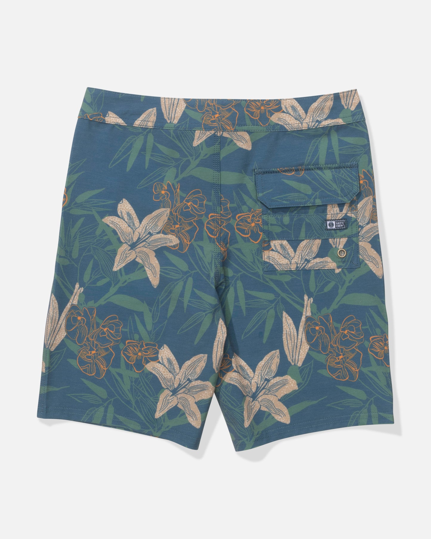 The Salty Crew Crew 17" Boys Boardshort in Cast Blue features a floral print with beige and orange flowers, green leaves, a buttoned back pocket, and a small label above it. Made from recycled polyester, shown from the back.