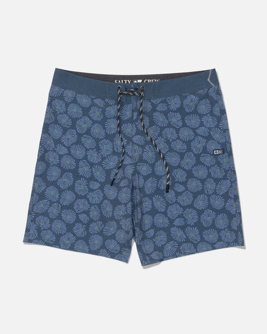 Salty Crew Crew 19″ Boardshort - Hitch Blue, made from recycled polyester and adorned with a leafy pattern, features a straight leg fit, black drawstring, and a small logo patch on the left leg; displayed against a plain white background.