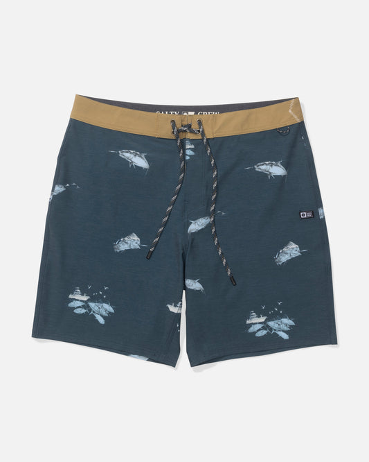 The Salty Crew Crew 19" Boardshort in Midnight Navy features a tan waistband, black drawstring, and fish and water scene print. Made from lightweight performance fabric, these shorts offer a relaxed fit for comfort and easy movement.