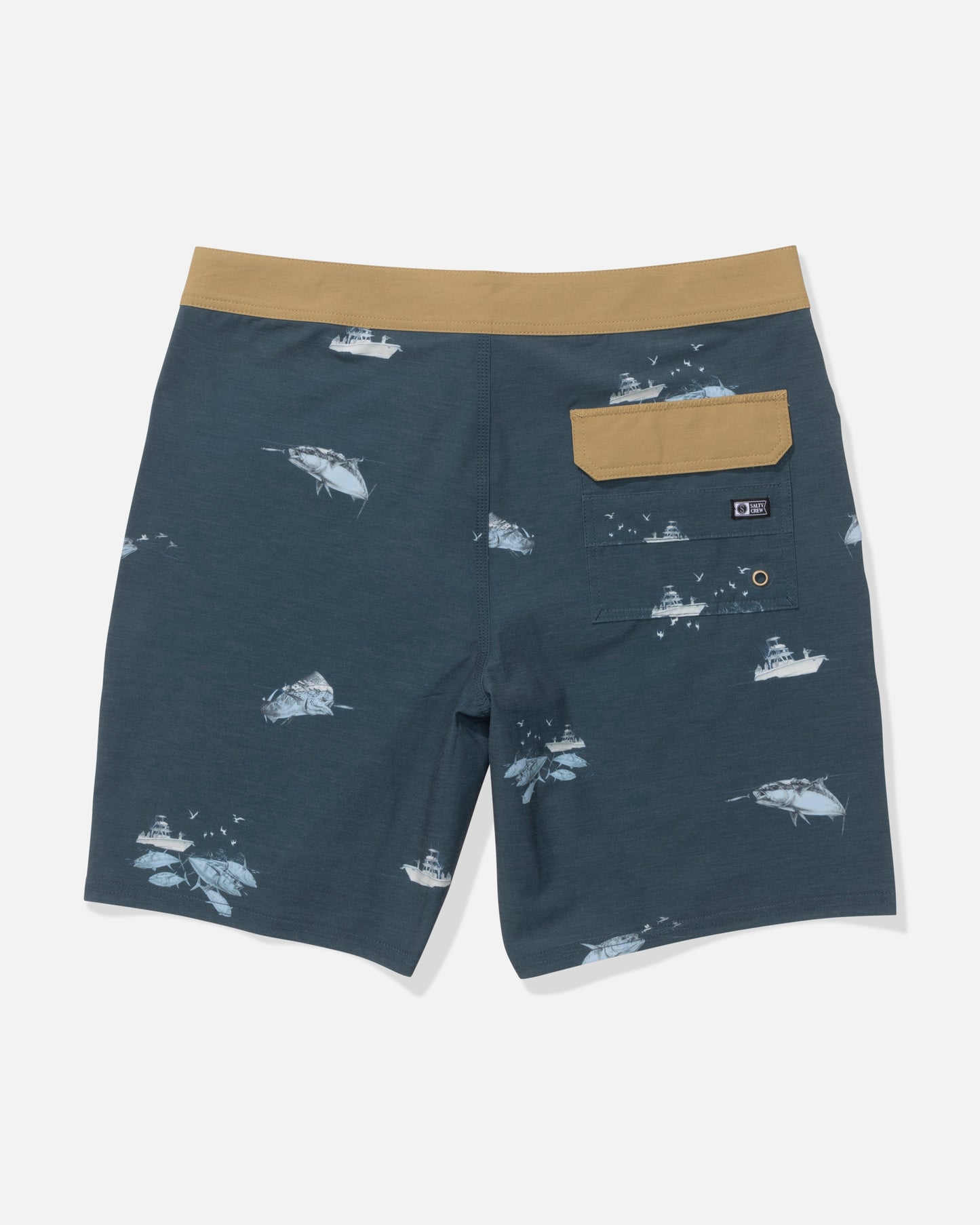 The Salty Crew Crew 19" Boardshort in Midnight Navy features a tan waistband, back pocket with button flap, and white marlin and fishing boat pattern on 4-way stretch performance fabric.