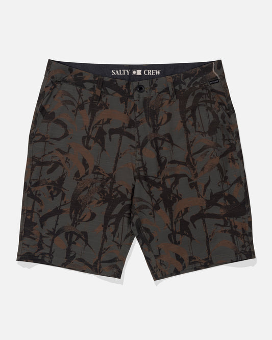 The Salty Crew Drifter 19" Slub Hybrid Short in Dark Kelp Camo features a button and zip closure, front and back pockets, inner waistband branding, and is made from quick-dry recycled performance fabric.
