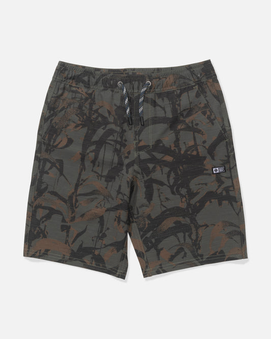 Salty Crew Drifter 16" Boys Elastic Hybrid Shorts in Dark Kelp Camo feature a green, black, and brown abstract camouflage pattern, side pockets, quick-dry material, and a small rectangular logo patch. Displayed flat on a white background.