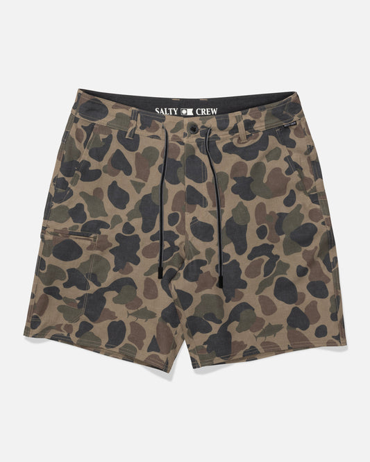 Salty Crew Transom 19" Tech Short in sand camo, featuring recycled polyester fabric, black drawstrings, belt loops, and pockets. Displayed flat with the Salty Crew logo visible inside the waistband.