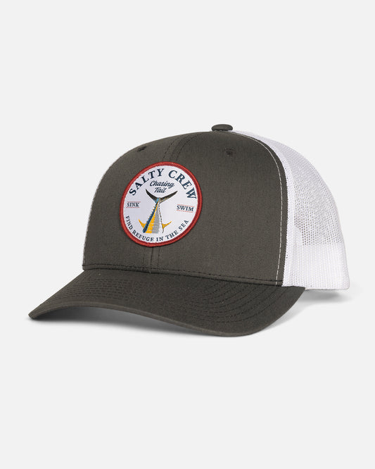 Front view of the Bottom Dweller Retro Trucker Hat - Charcoal White.