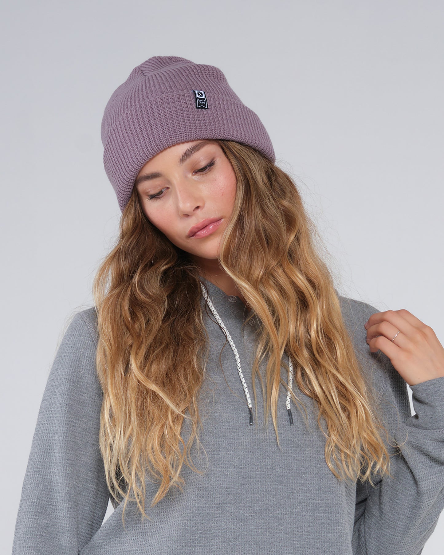 on body front view of Alpha Lavender Stone Beanie