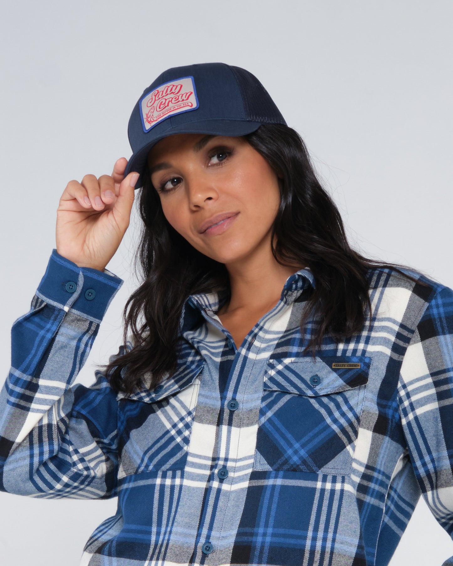 on body front view of Retro Catch Navy Retro Trucker