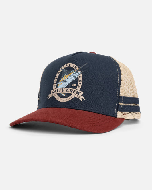 Front view of the Bill Club Trucker Hat - Navy Burgundy.