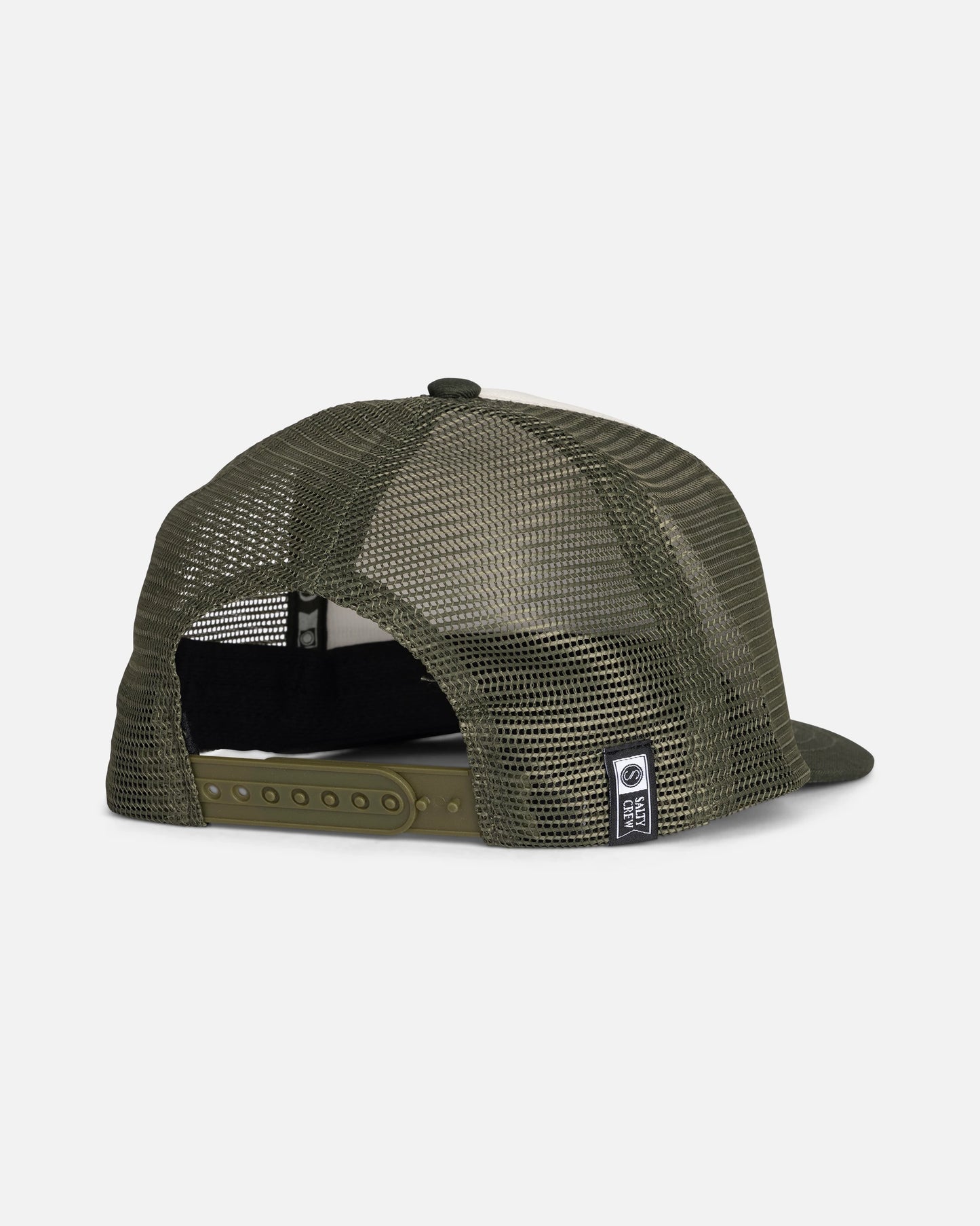 The Salty Crew Good Times Boys Trucker in Deep Green is shown from the back, highlighting its structured 5-panel design with an adjustable snapback strap and a small black-and-white woven label on the left side above the strap.
