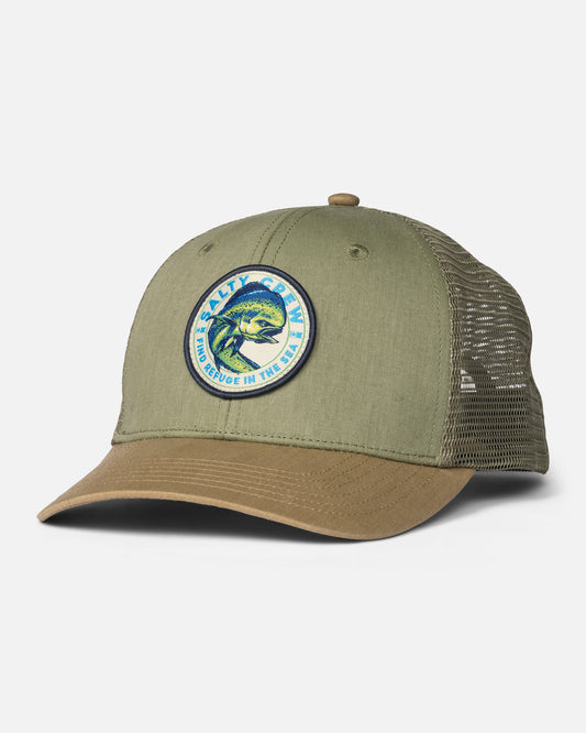 Front view of the Mahi Club Trucker Hat - Four Leaf Clover.