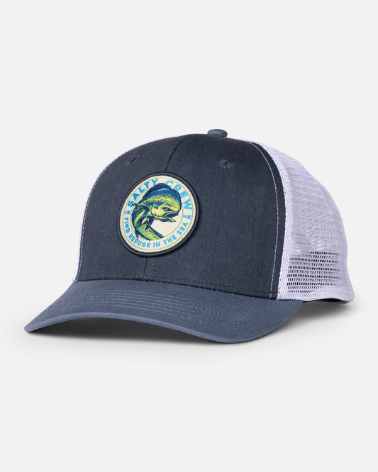 Front view of the Mahi Club Trucker Hat - Navy.
