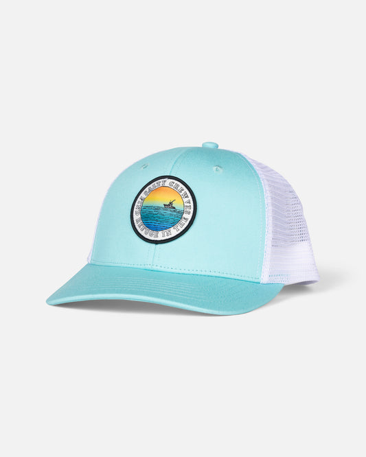 Front view of the Patched Retro Trucker - Seafoam.
