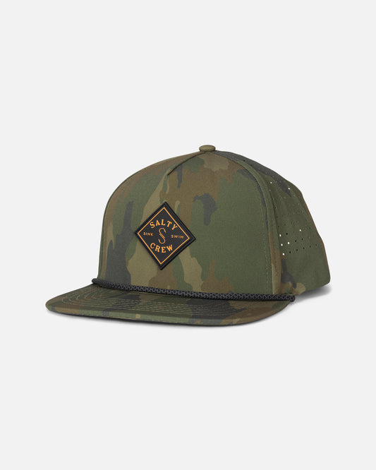 Introducing the Salty Crew Long Range Snapback - Ranger: a structured 5-panel green camouflage cap with a black rope detail above the brim and a diamond-shaped Salty Crew patch on the front.