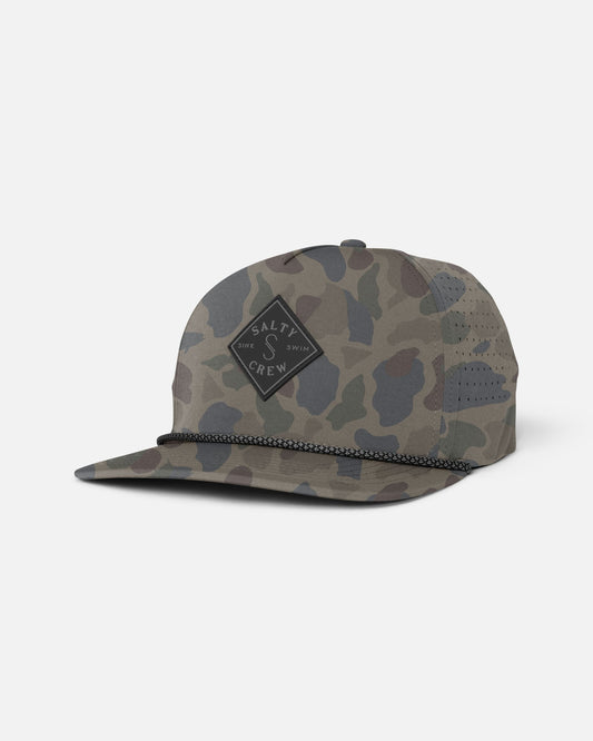 Front view of the Long Range Snapback - Sand Camo.