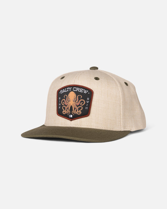 Front view of the Tako Club Snapback - Natural/Olive.