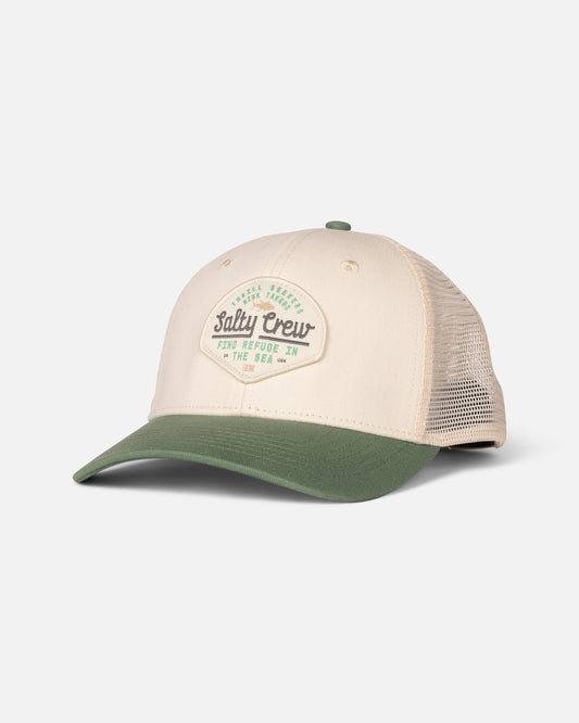 Front view of the Border Trucker - Off White/Mid Green.