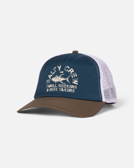 Front view of the Stamped Trucker - Deep Ocean/Brown.
