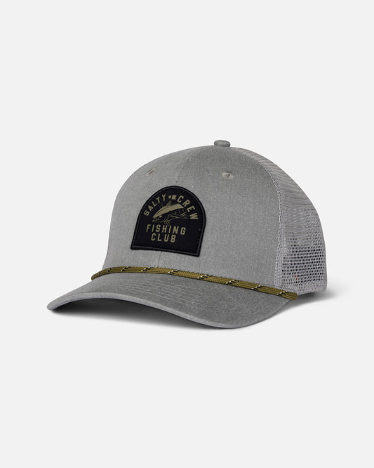 Front view of the Fishing Club Trucker - Grey Heather.