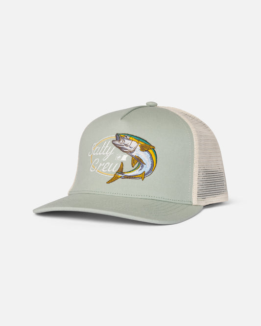 Front view of the Yellow Tailed Trucker - Mineral Teal.