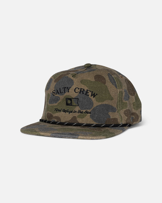 Front view of the Steadfast Snapback - Sand Camo.