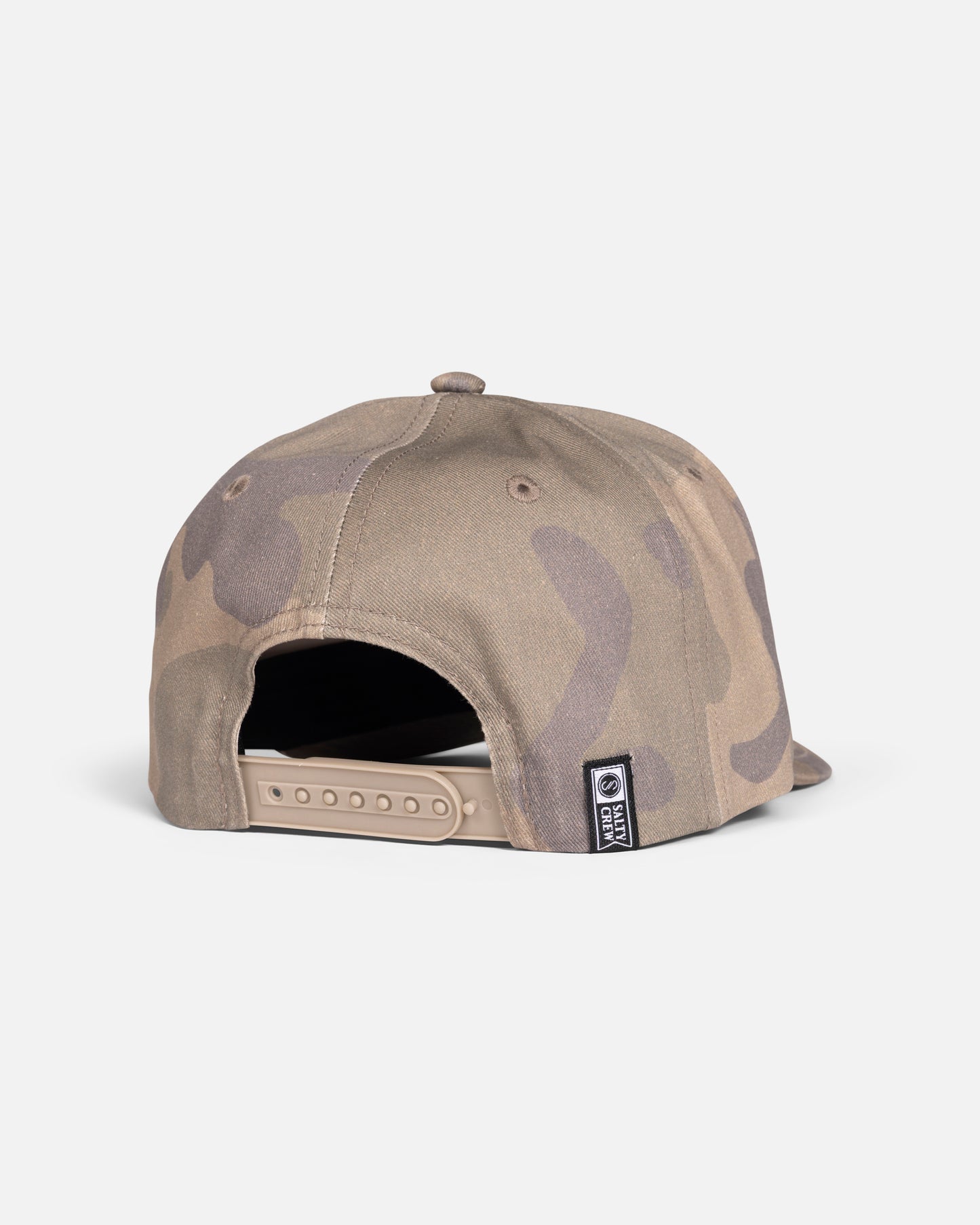 The Upsidedown Crew Snapback Hat - Camo by Salty Crew is shown from the back, highlighting its snapback adjustable strap and a small black and white woven tag on the side, set against a plain light background.