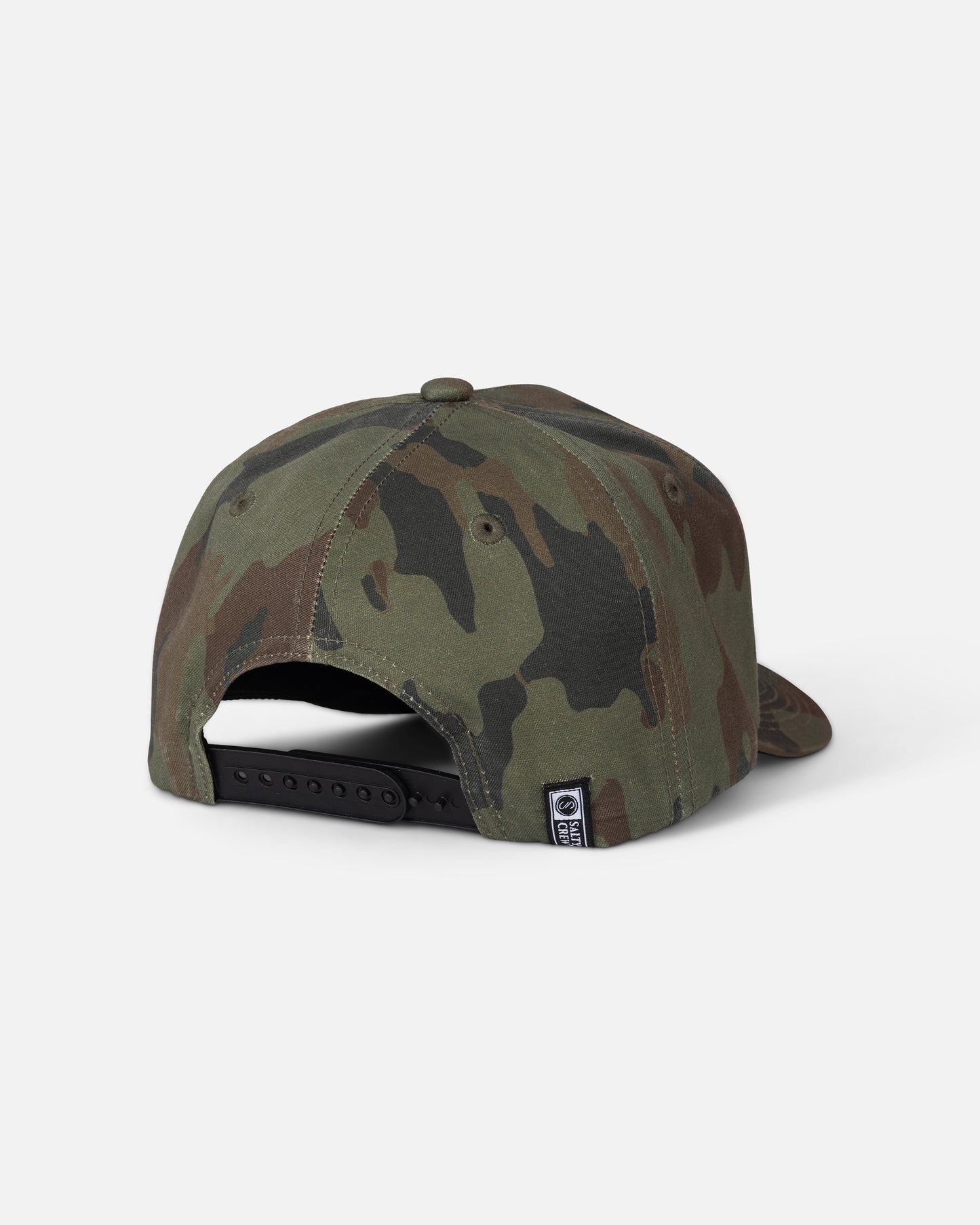 The Salty Crew Reel Repair Snapback - Ranger is a structured 5 panel green camouflage cotton canvas baseball cap displayed from the back, featuring an adjustable black snapback closure and a small black-and-white tag on the strap. This hat combines durability and style for everyday wear.
