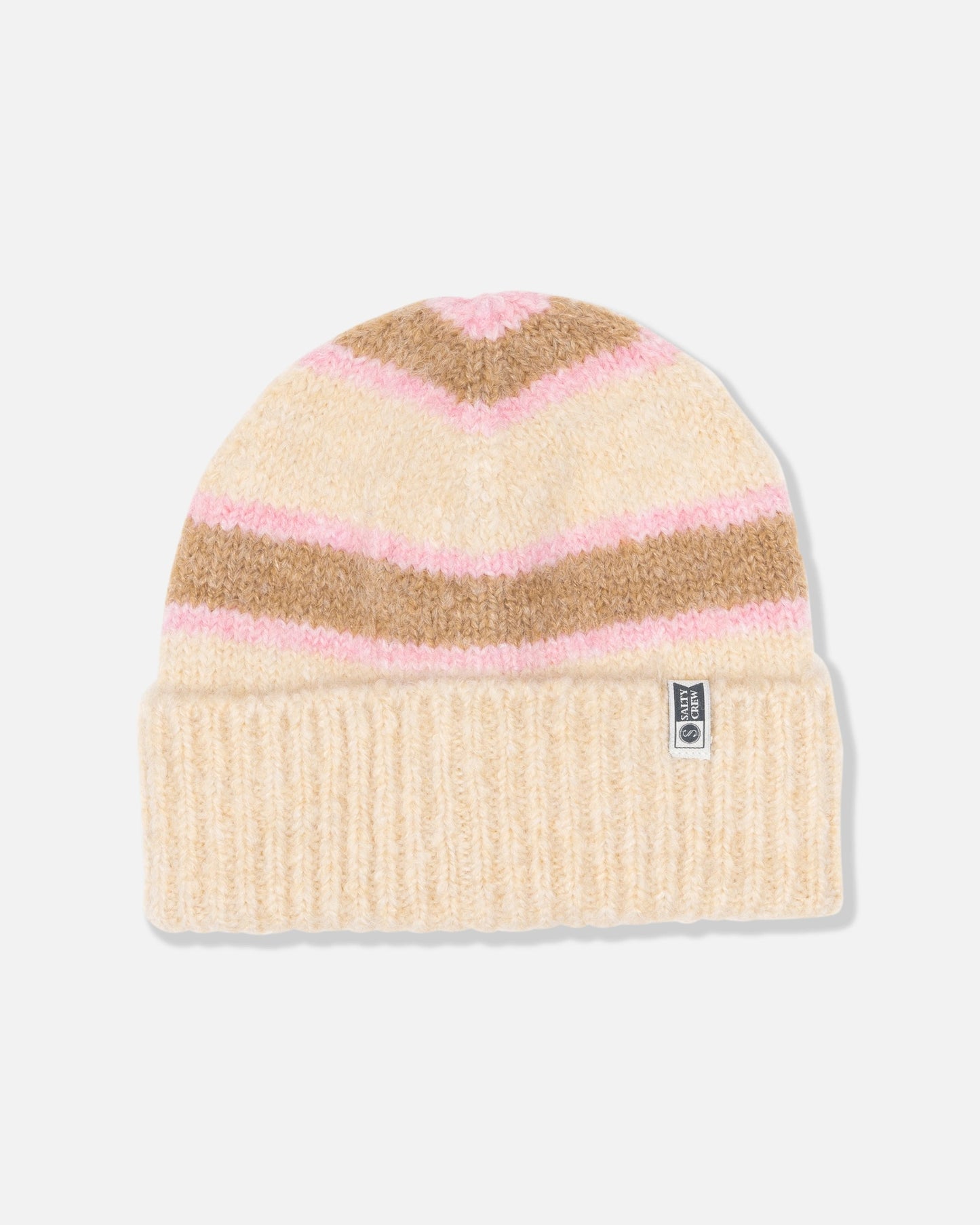 The Salty Crew East Cape Beanie - Off White features cream, light brown, and pink horizontal stripes with a ribbed turnback cuff and a small sewn-on label.