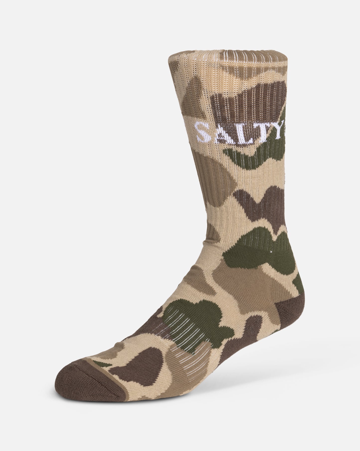 The Salty Crew Camo 3-Pack Sock Box - Assorted includes crew socks (size 7-11) in brown, tan, and green camo patterns with 'SALTY' stitched near the top, made from a comfy cotton blend for everyday wear.