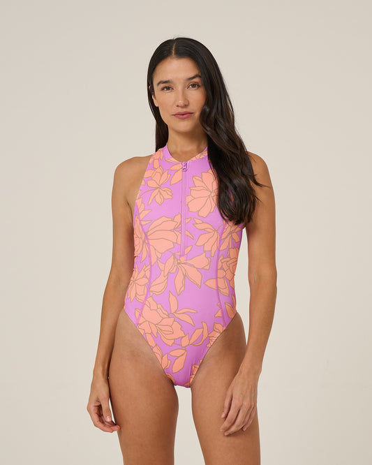 Front view of the Rose Parade Surf Suit - Violet.