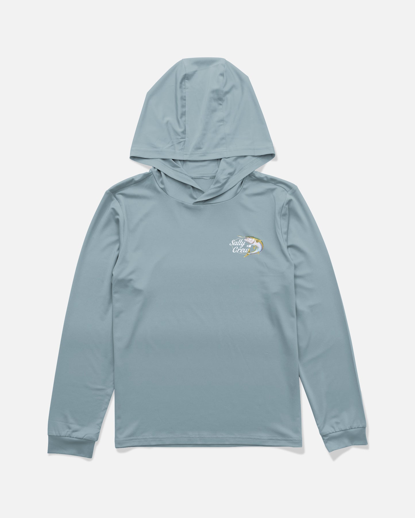 Front view of the Yellow Tailed Boys Hood Sunshirt - Hitch Blue.