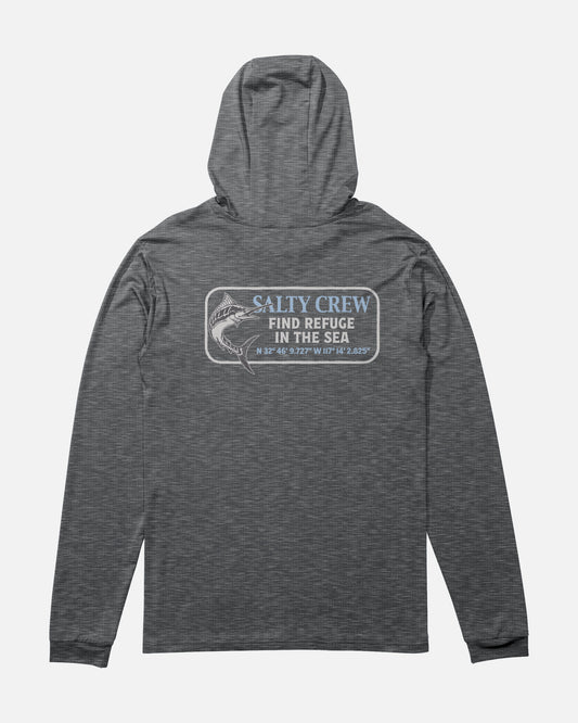 The Salty Crew Coordinates Hood Sunshirt in Charcoal Heather is a gray, hooded long-sleeve shirt featuring a back graphic of a fish, the text “Salty Crew Find Refuge in the Sea,” and geographic coordinates below. Made from moisture-wicking fabric for all-day comfort.