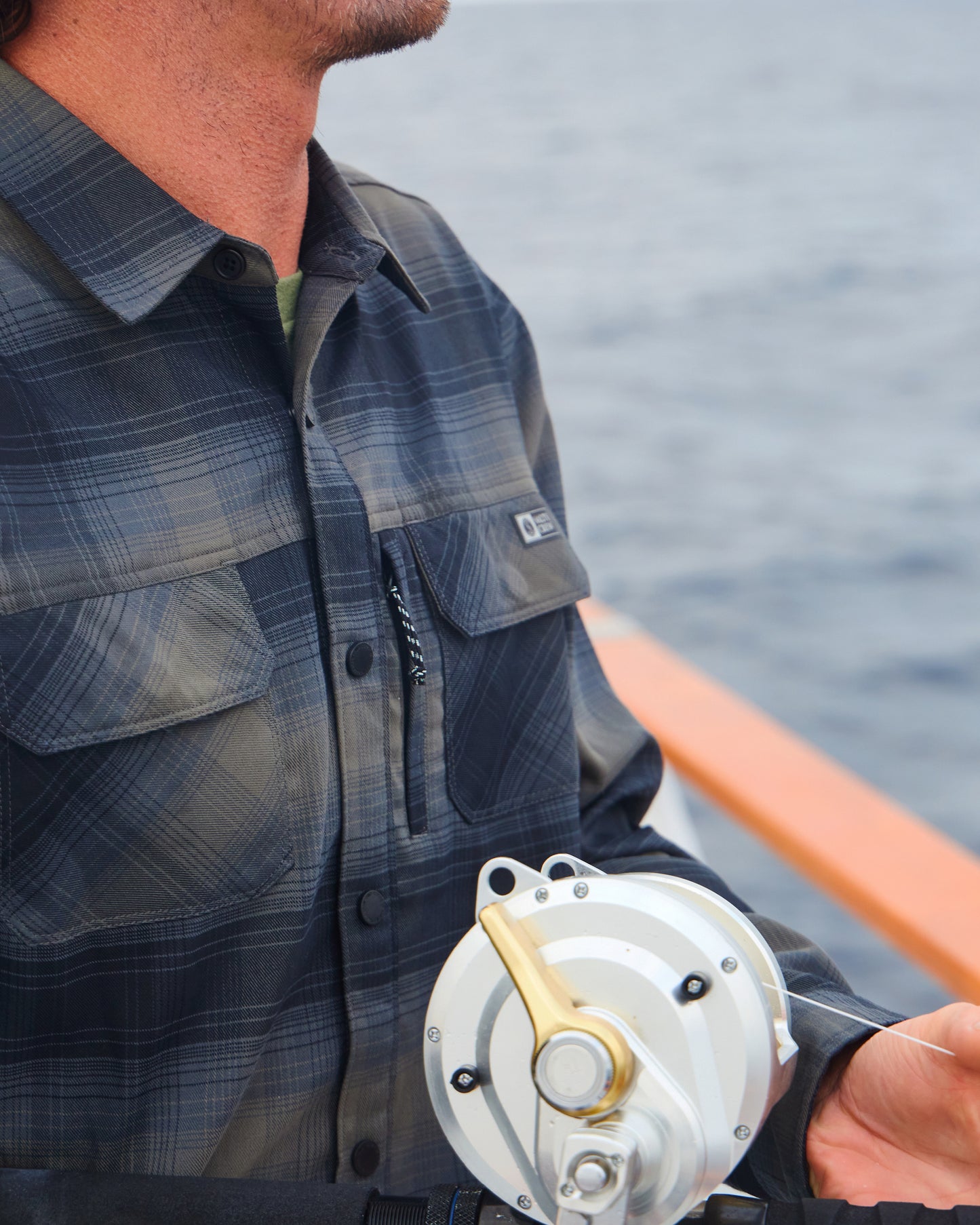 Close up shot Salty Crew tech flannel