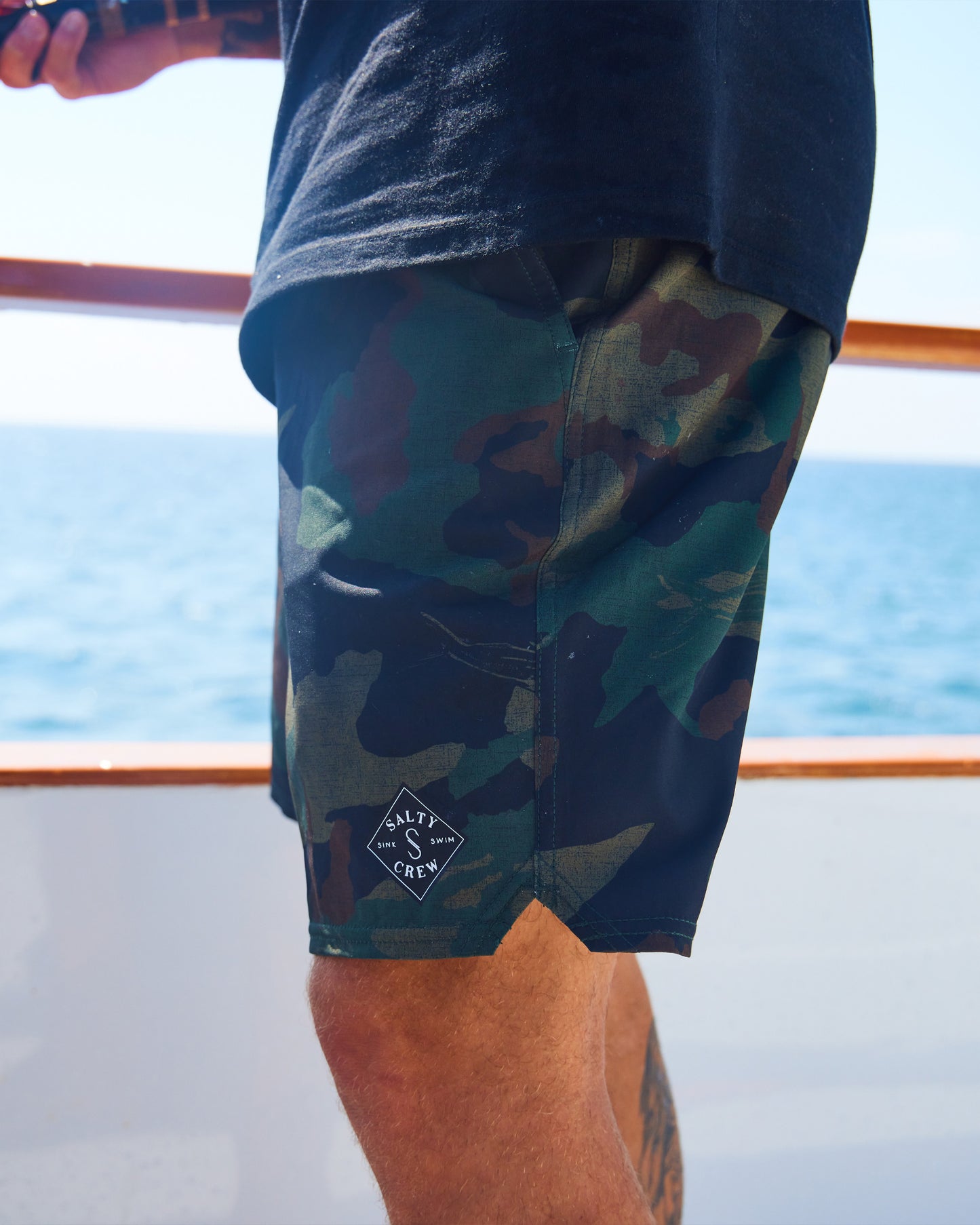 Close up shot of the Lowtide elastic camo boardshorts