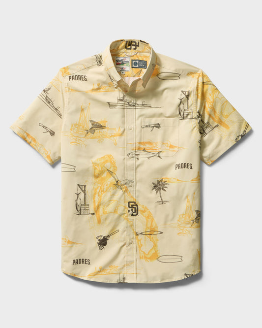 Check out the Padres x Reyn Spooner UV Button Up in Bone by Salty Crew—a short-sleeve shirt featuring yellow and black tropical prints with palm trees, surfboards, the Padres text, a map graphic, and the San Diego Padres logo. Inspired by Reyn Spooner’s signature style, it includes a collar and front pocket for classic appeal.