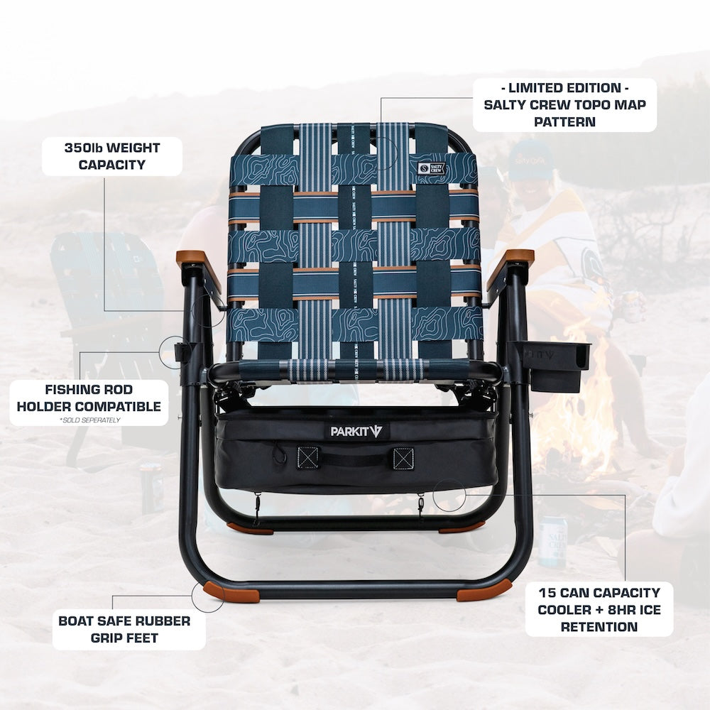 Graphic with details of the Parkit x Salty Crew Voyager Chair.