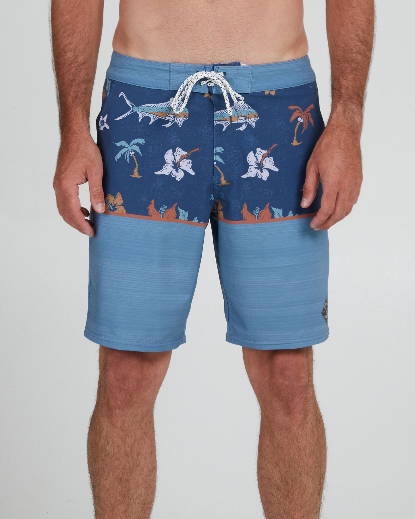 On body front of the Tandem Denim/Slate Boardshort