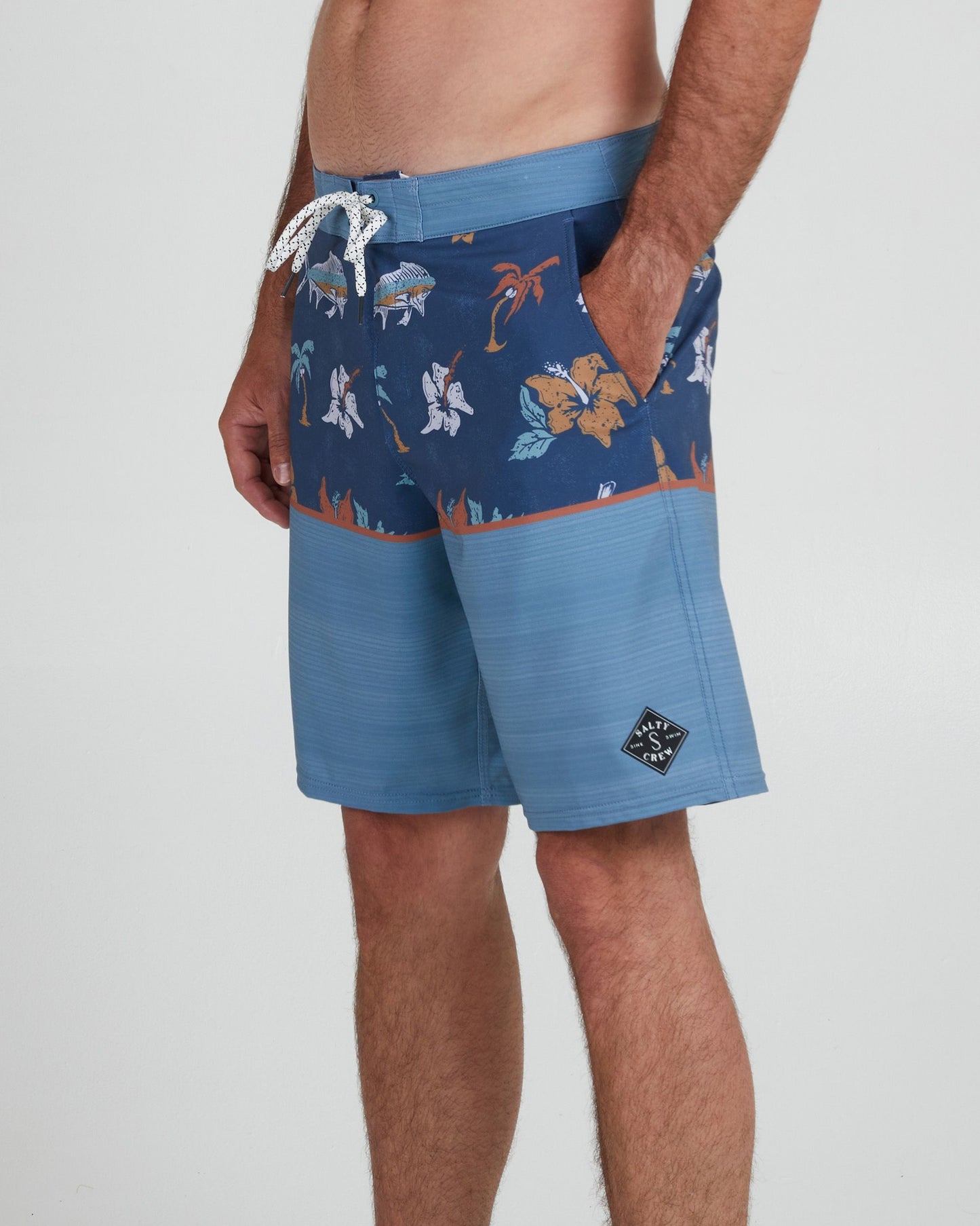 On body front angle of the Tandem Denim/Slate Boardshort